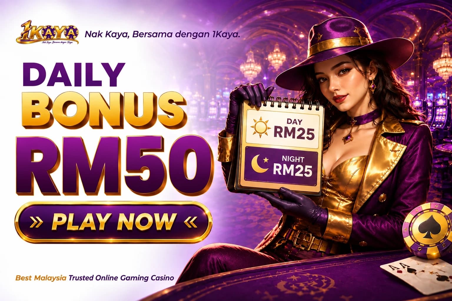 1Kaya daily bonus RM50 Register Free promotion malaysia 2026